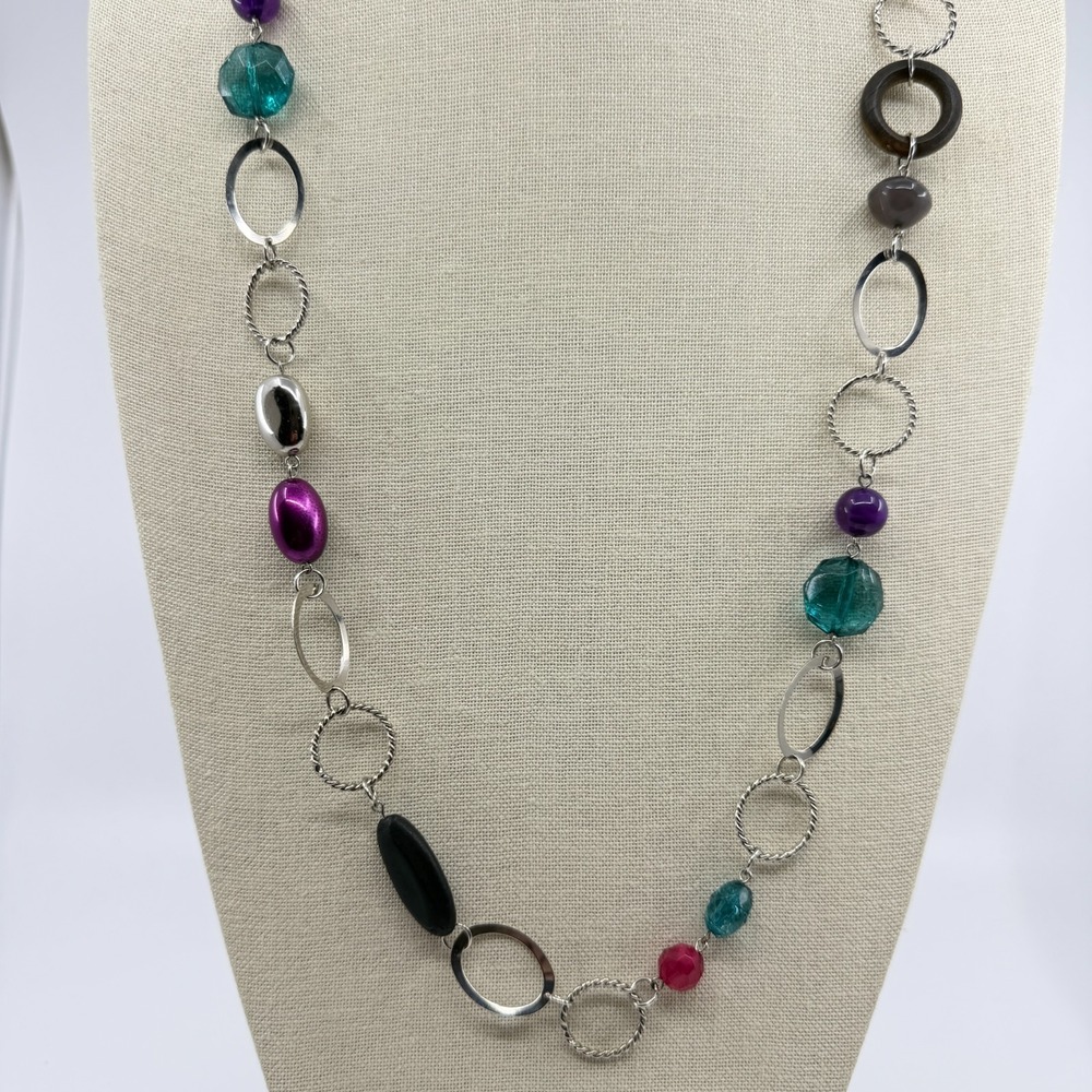 Multicolor Beaded Silver Tone Open Circle Link Long Statement Necklace Boho